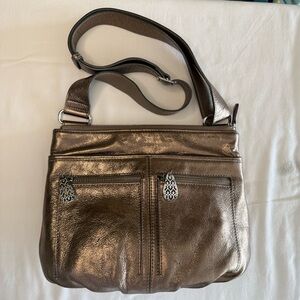 Brighton Zoe Metallic Bronze Crinkle Leather Crossbody Organizer Bag